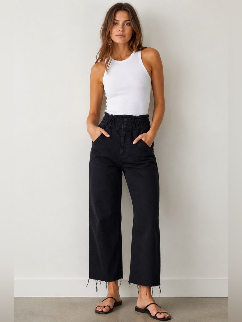 Naf Naf Paris 100% Organic Cotton High Waist Straight Jeans Raw Hem Size 8